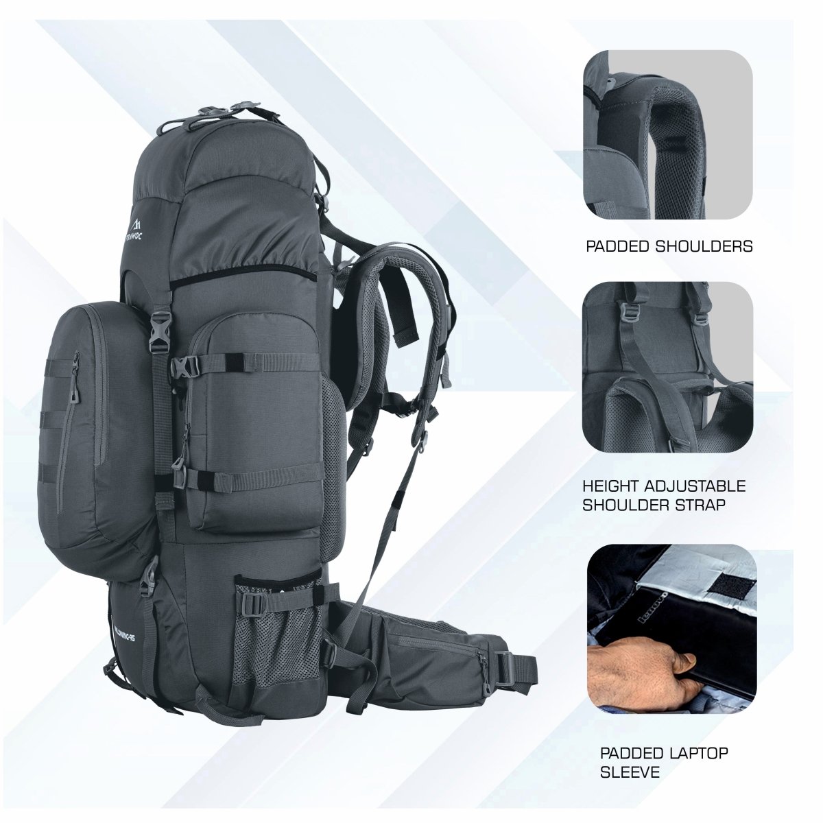 Wildwing 95L (80+15) Bag for Hiking & Travel with Shoe Compartment & Water - Resistant - grey (Clearance Sale) - TRAWOC