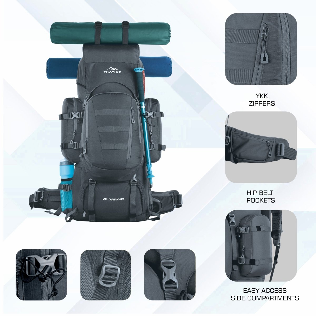 Wildwing 95L (80+15) Bag for Hiking & Travel with Shoe Compartment & Water - Resistant - grey (Clearance Sale) - TRAWOC