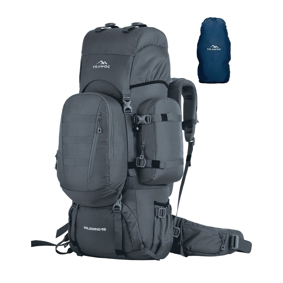 Wildwing 95L (80+15) Bag for Hiking & Travel with Shoe Compartment & Water - Resistant - grey (Clearance Sale) - TRAWOC