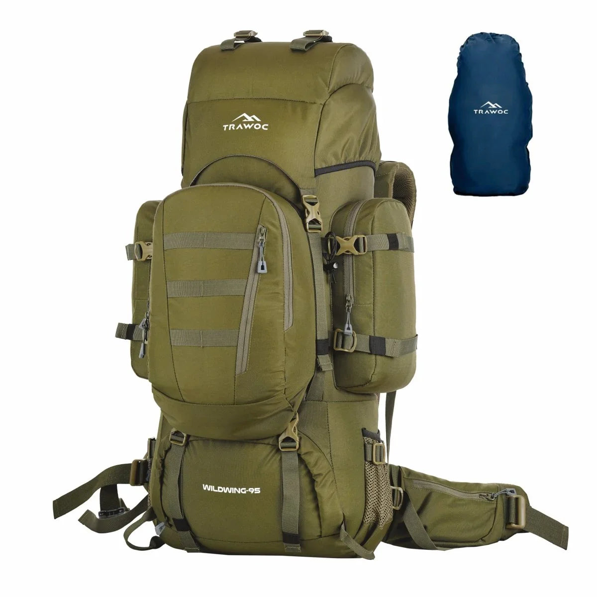 Wildwing 95L (80+15) Bag for Hiking & Travel with Shoe Compartment & Water - Resistant - Olivegreen - TRAWOC