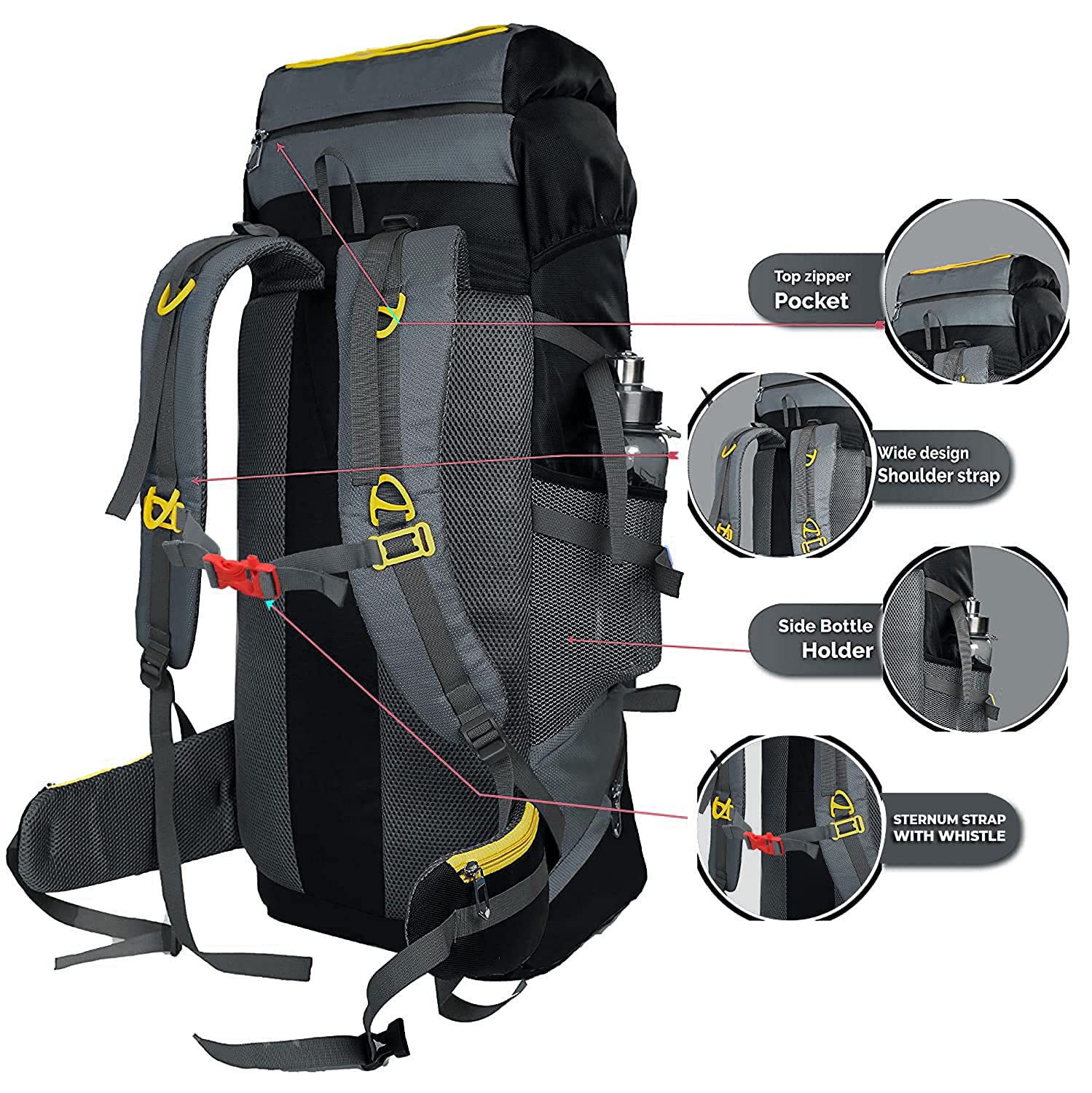 TRAWOC 65 Liter Internal Frame Camping Trekking Hiking Backpack Travel Bag  Front & Top Loading Rucksack/Water Proof Rain Cover/Shoe Compartment, HK011