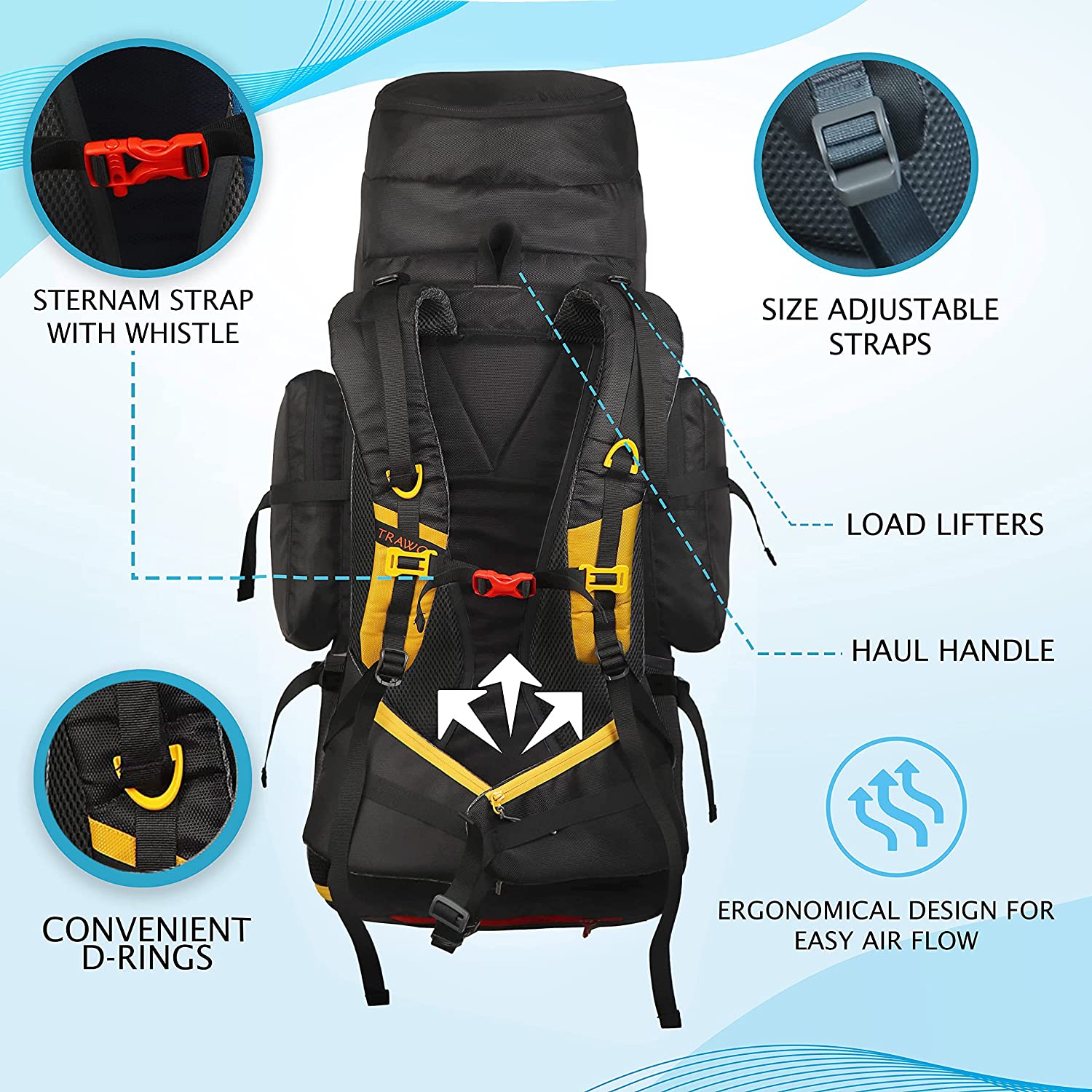 TRAWOC 65 Liter Internal Frame Camping Trekking Hiking Backpack Travel Bag  Front & Top Loading Rucksack/Water Proof Rain Cover/Shoe Compartment, HK011