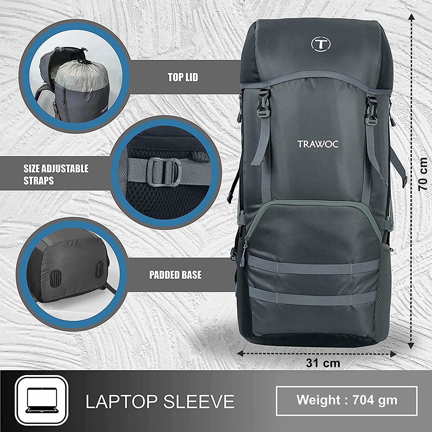 Trawoc Trawoc Travel Backpack (50Ltr) | Water Resistant Daypack – TRAWOC