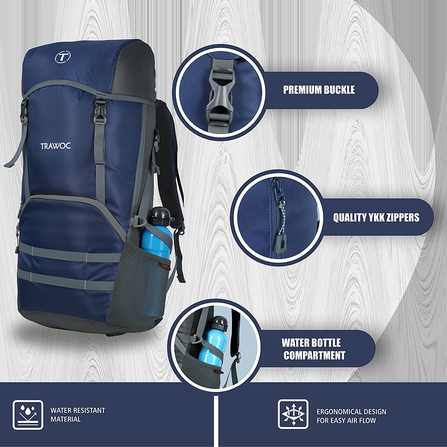 Trawoc Trawoc Travel Backpack (50Ltr) | Water Resistant Daypack – TRAWOC
