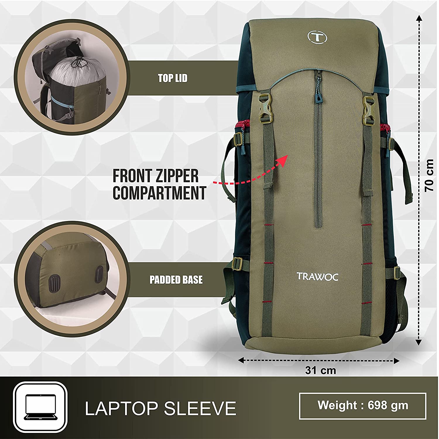 Trawoc Trawoc Travel Backpack (50Ltr) | Water Resistant Daypack – TRAWOC