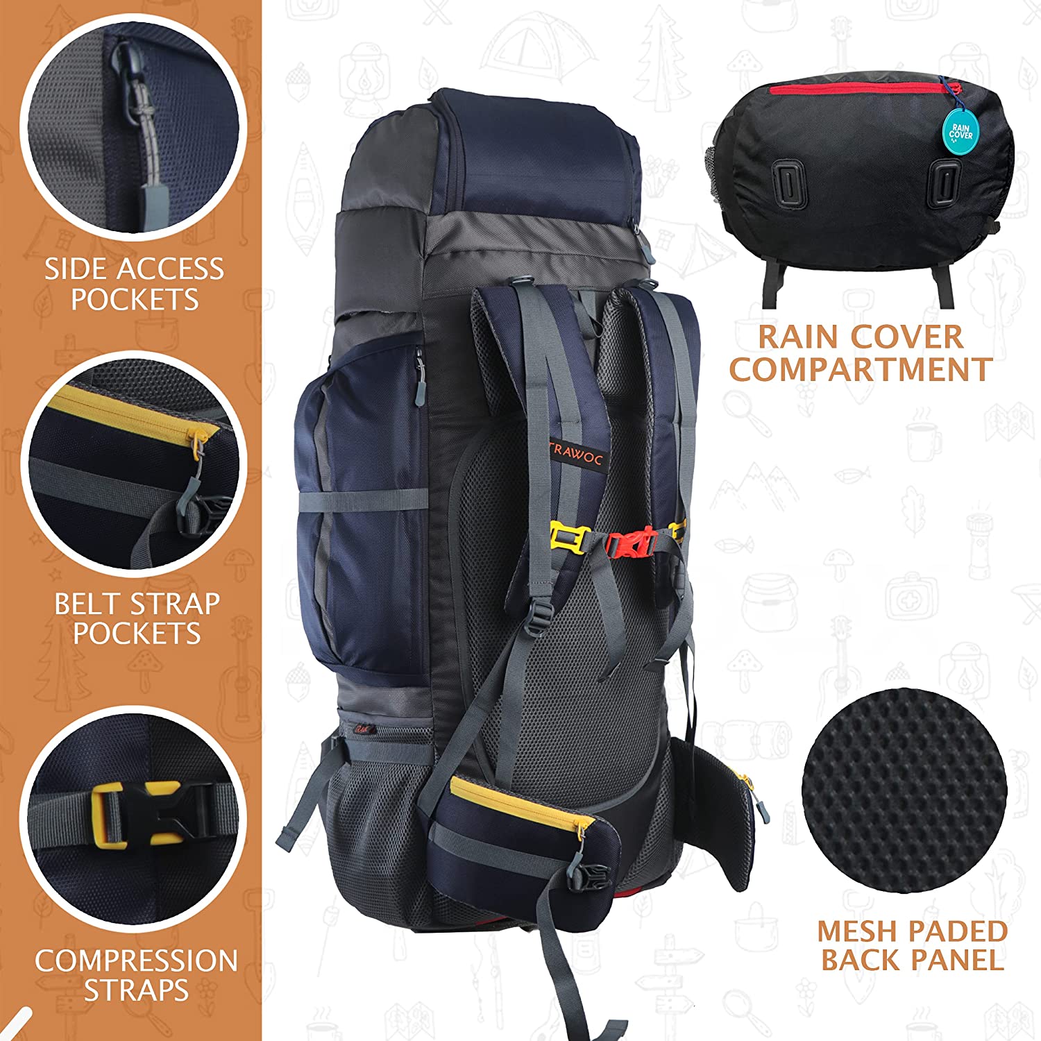 Trawoc Travel Backpack 80Ltr Hiking Trekking Camping