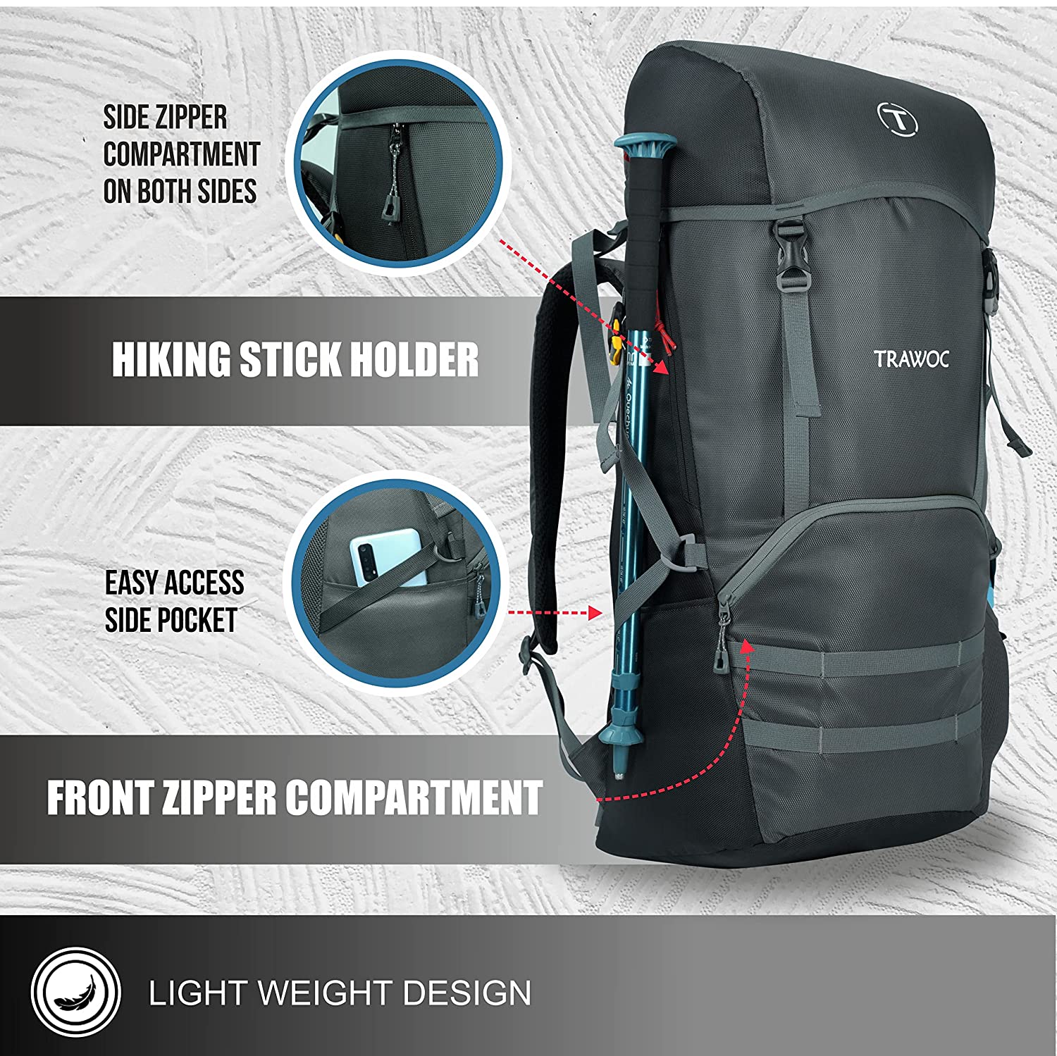Trawoc Trawoc Travel Backpack (50Ltr) | Water Resistant Daypack – TRAWOC