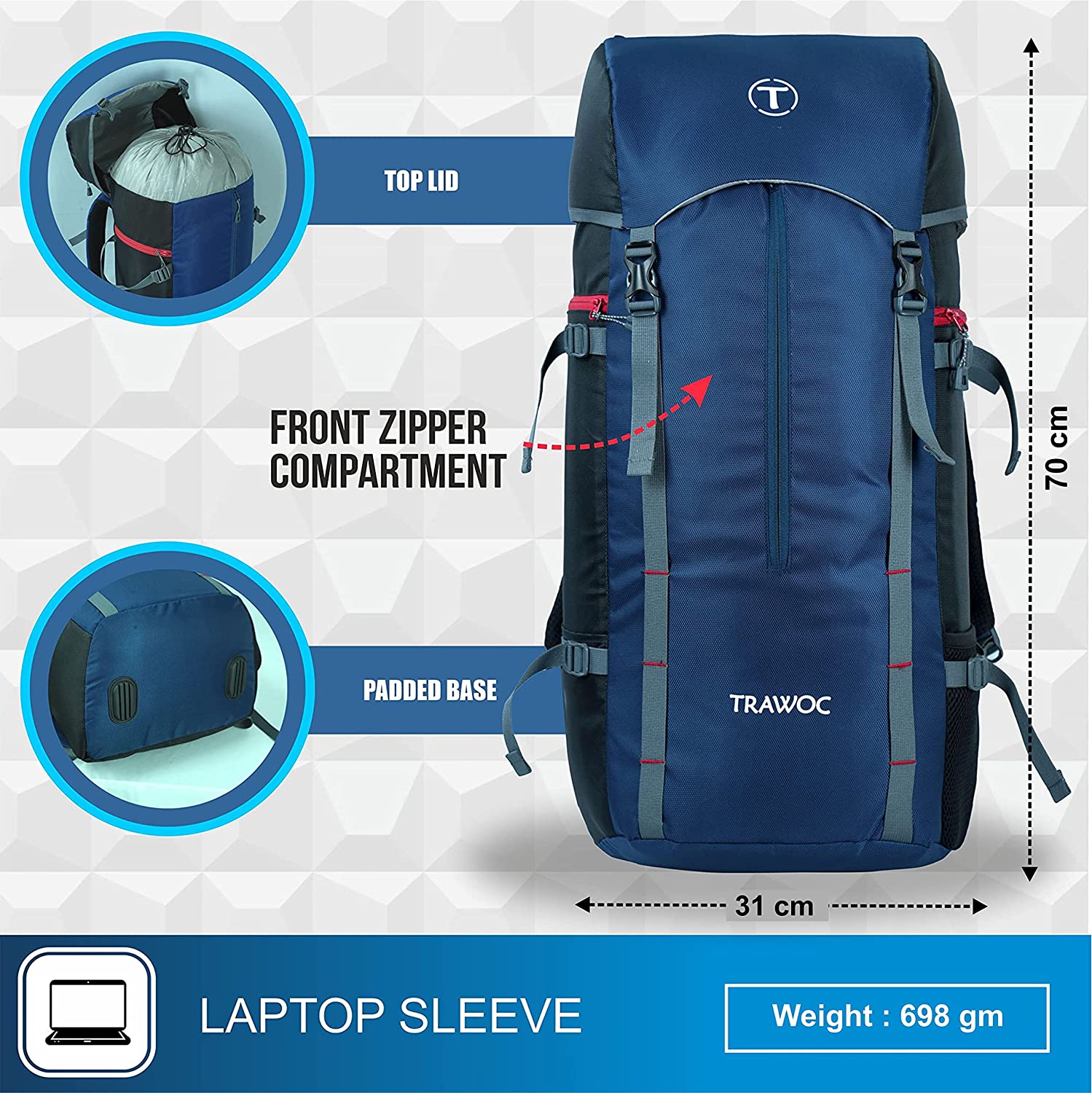 Trawoc Trawoc Travel Backpack (50Ltr) | Water Resistant Daypack – TRAWOC